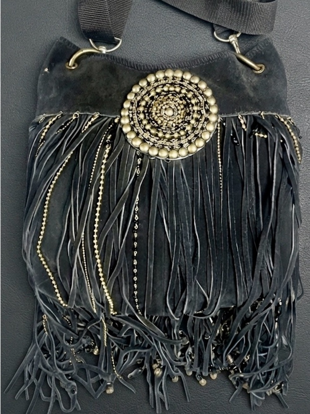 Y2K House of Deréon Black Suede Fringe Crossbody Bag Beyoncé Gold Medallion
